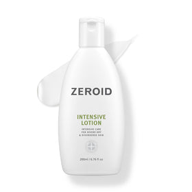 ZEROID Intensive Lotion bottle close-up showing premium packaging and hydration benefits.