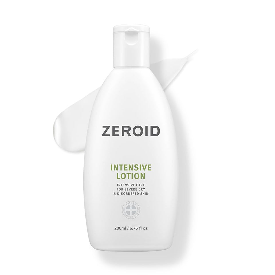 ZEROID Intensive Lotion bottle close-up showing premium packaging and hydration benefits.