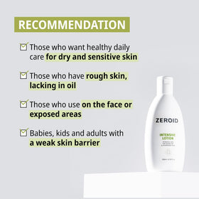 ZEROID Intensive Lotion olive oil balance captioned for non-greasy hydration.