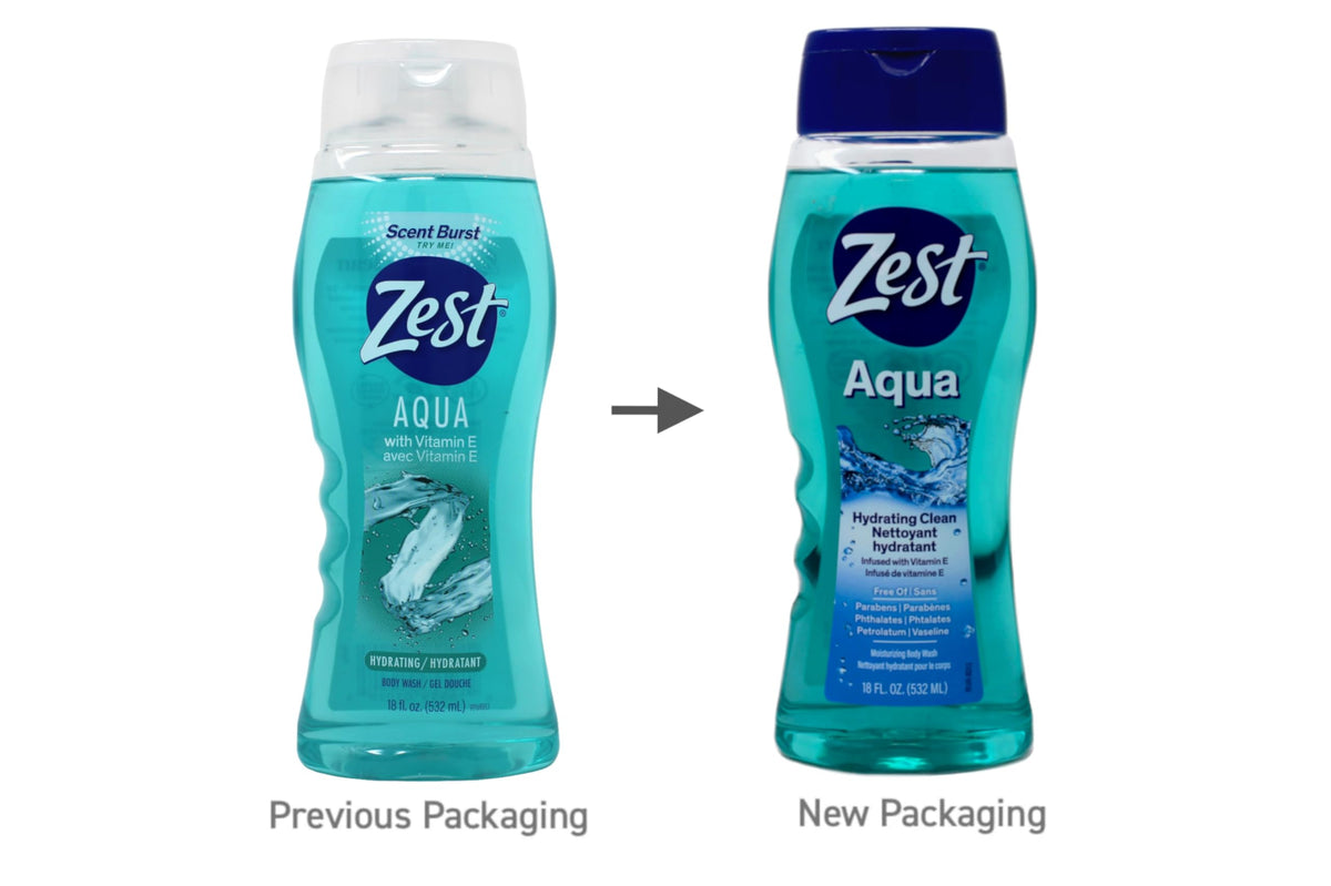 Zest Aqua Body Wash on a tidy bathroom counter ready to use.