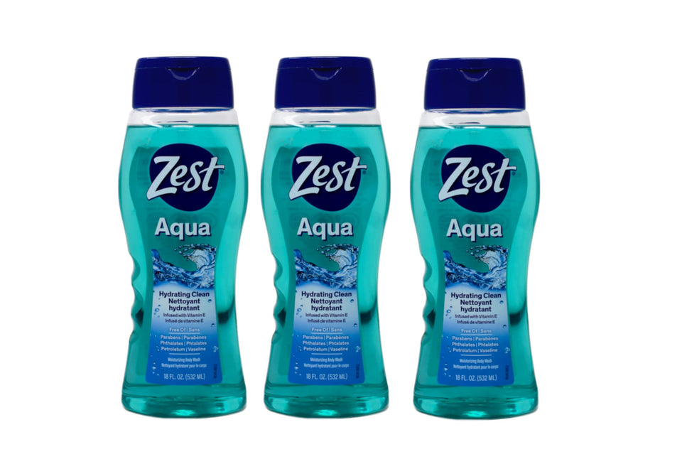 Zest Aqua Body Wash bottle front showing hydrating formula for daily showers.