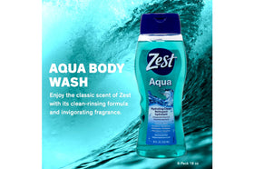 Zest Aqua Body Wash cap close-up showing easy-to-use dispenser.