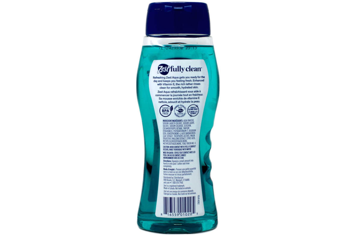 Zest Aqua Body Wash label highlights Vitamin E for skin nourishment.