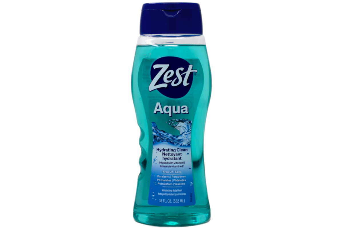 Zest Aqua Body Wash on a store shelf with three-pack display.