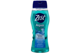 Zest Aqua Body Wash on a store shelf with three-pack display.