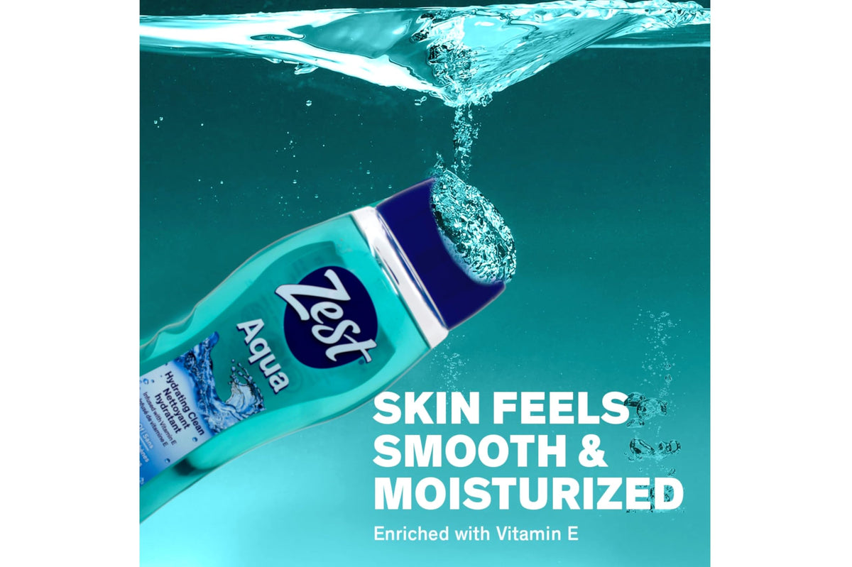 Zest Aqua Body Wash in a bright bathroom scene for morning rinse.