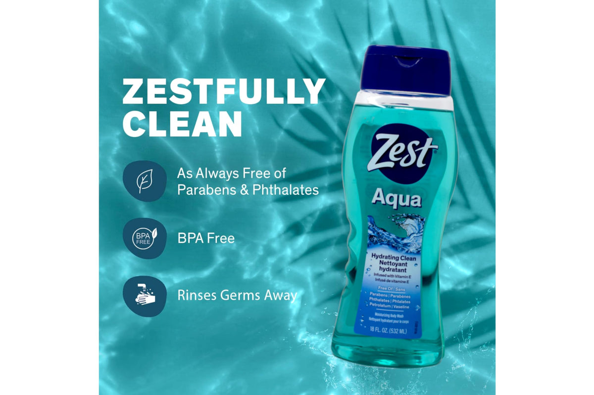 Vitamin E badge on Zest Aqua Bottle emphasizes skin-friendly formula.
