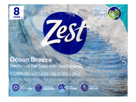 Zest Ocean Breeze bar soap 8-bar pack with invigorating scent for daily cleansing.