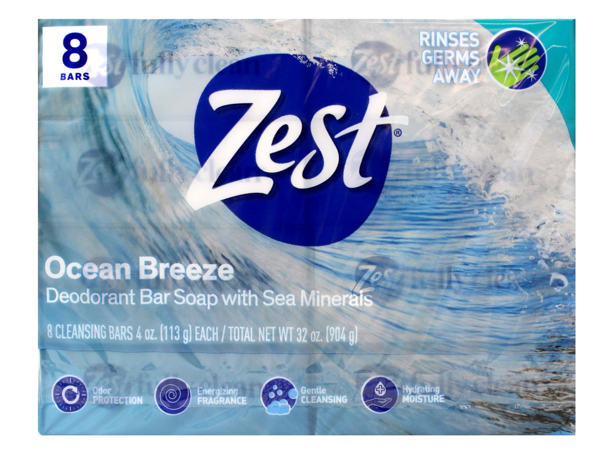 Invigorating Ocean Breeze aroma enhances morning routine with Zest soap.