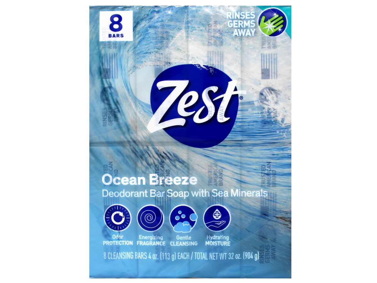 Sea minerals detail on Zest Ocean Breeze soap highlighting moisturizing feel.