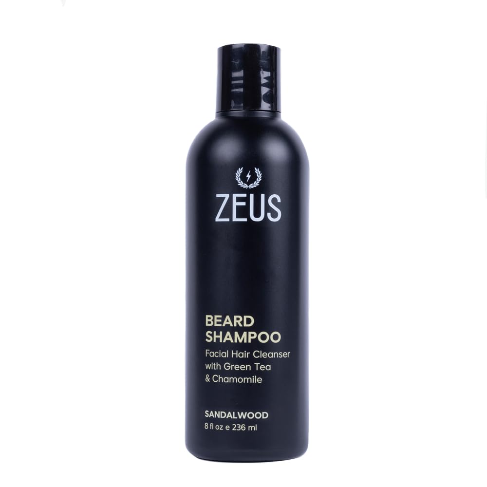 ZEUS Beard Shampoo bottle with green tea for cleansing and softening.