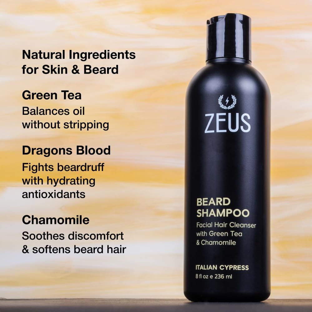 ZEUS beard shampoo sandalwood scent with wood accents enhances grooming.