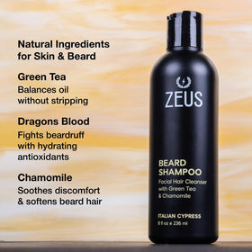 ZEUS beard shampoo sandalwood scent with wood accents enhances grooming.