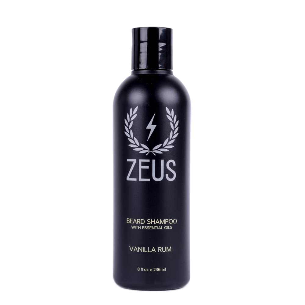 ZEUS Beard Shampoo bottle with Vanilla Rum aroma for daily beard cleansing