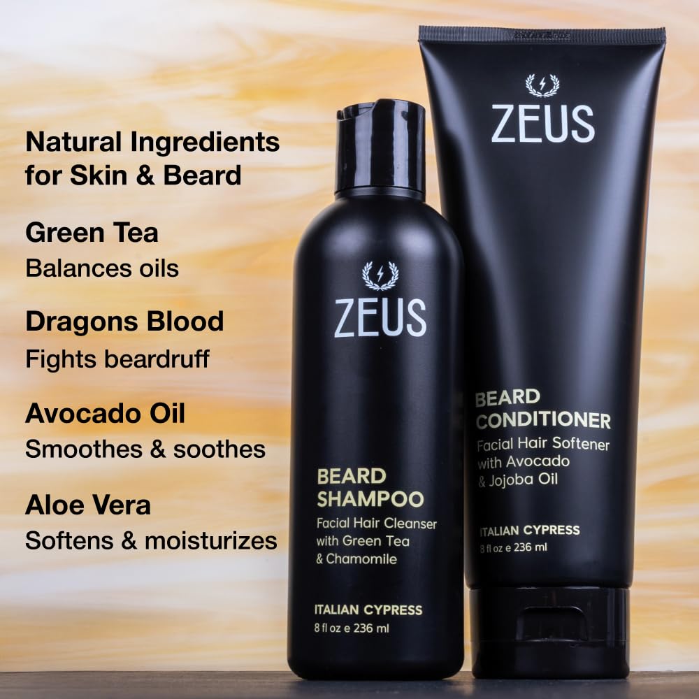 ZEUS Beard Wash Set green tea and chamomile blend boosting hydration and clarity.