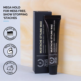 ZEUS Mustache Wax hand application demonstrates easy warming and shaping.