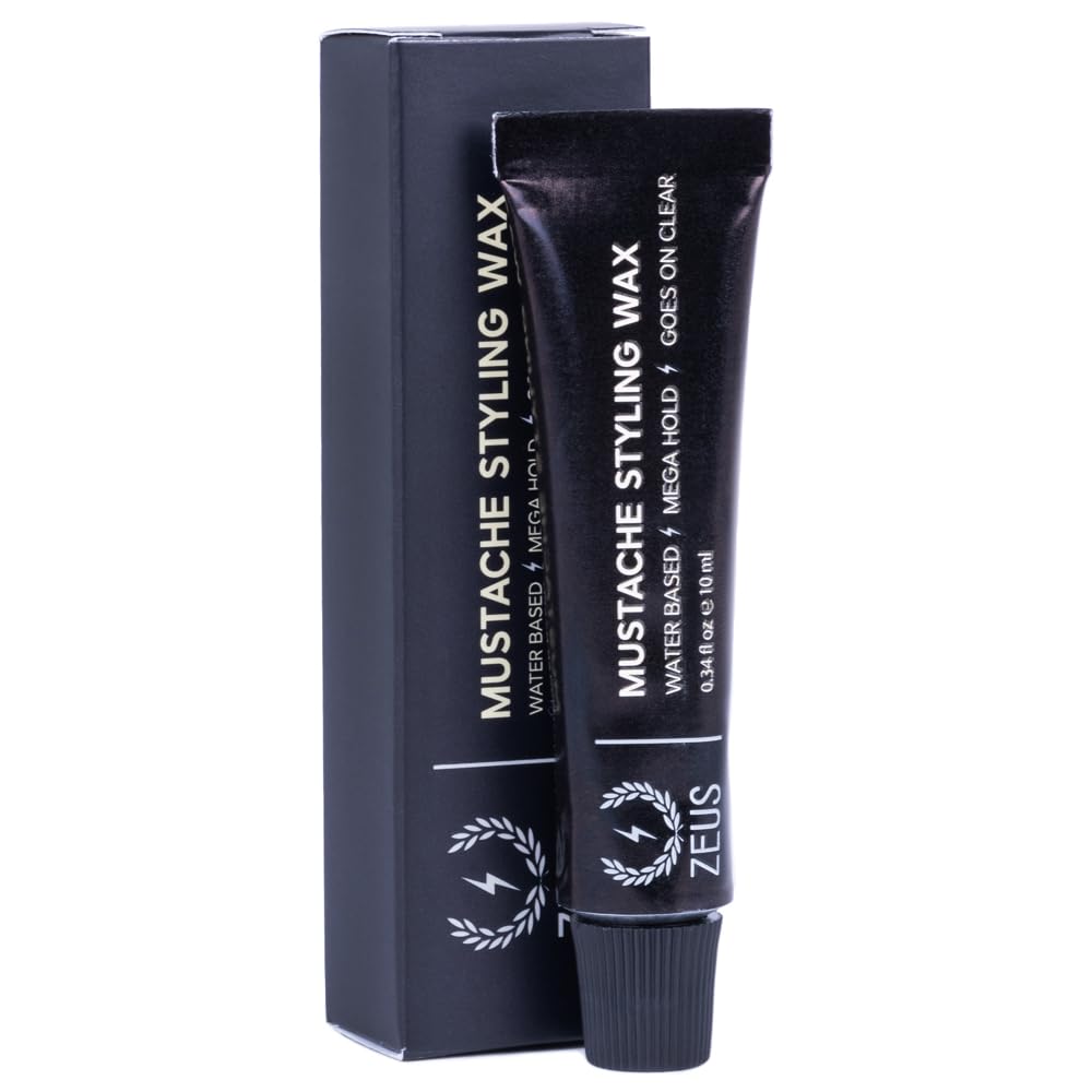 ZEUS Mustache Wax tube close-up shows strong hold for all-day control.