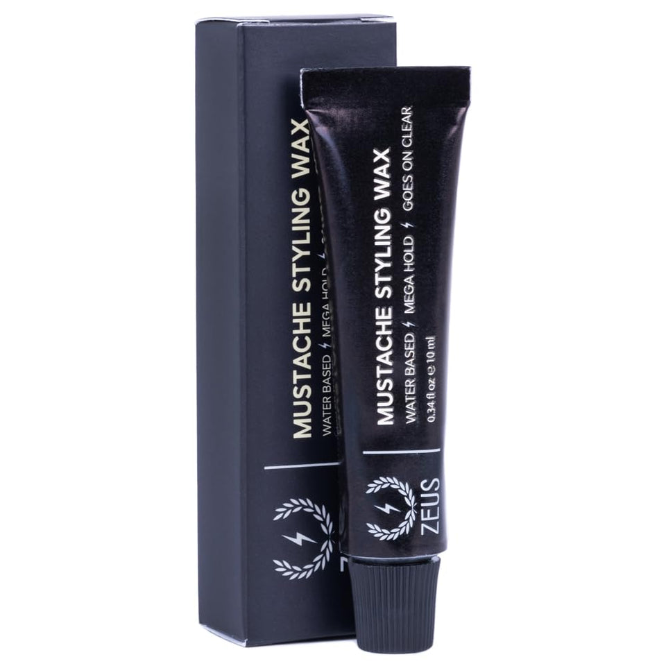 ZEUS Mustache Wax tube close-up shows strong hold for all-day control.