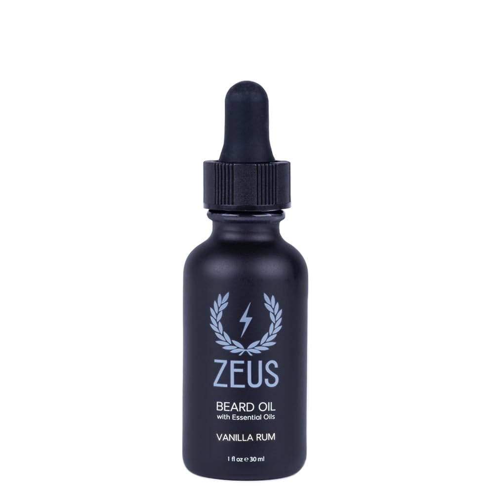 ZEUS Natural Beard Oil bottle with Vanilla Rum scent for hydration and frizz control.