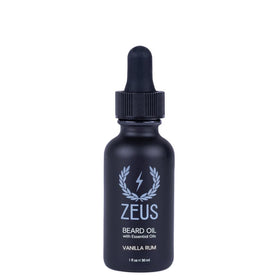 ZEUS Natural Beard Oil bottle with Vanilla Rum scent for hydration and frizz control.