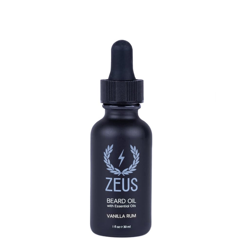 ZEUS Natural Beard Oil bottle with Vanilla Rum scent for hydration and frizz control.