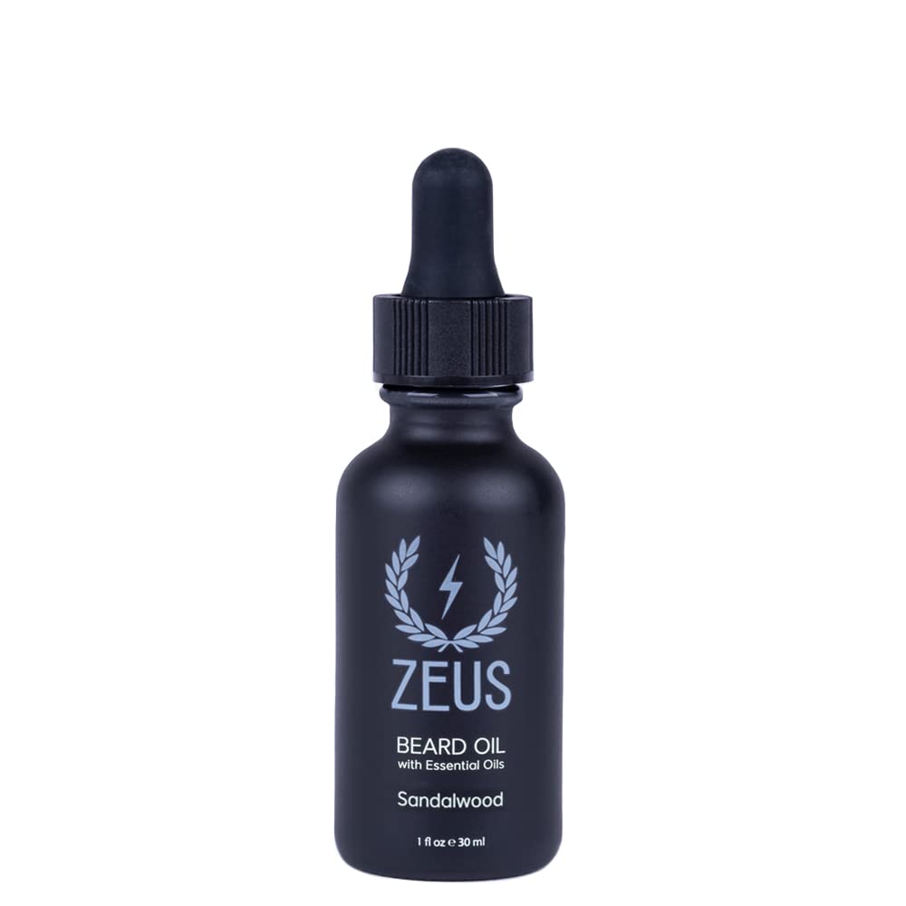 ZEUS Natural Beard Oil bottle showing premium sandalwood formula for hydrated beard.