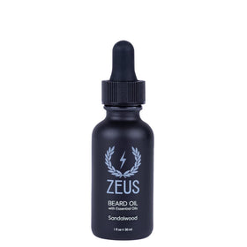 ZEUS Natural Beard Oil bottle showing premium sandalwood formula for hydrated beard.
