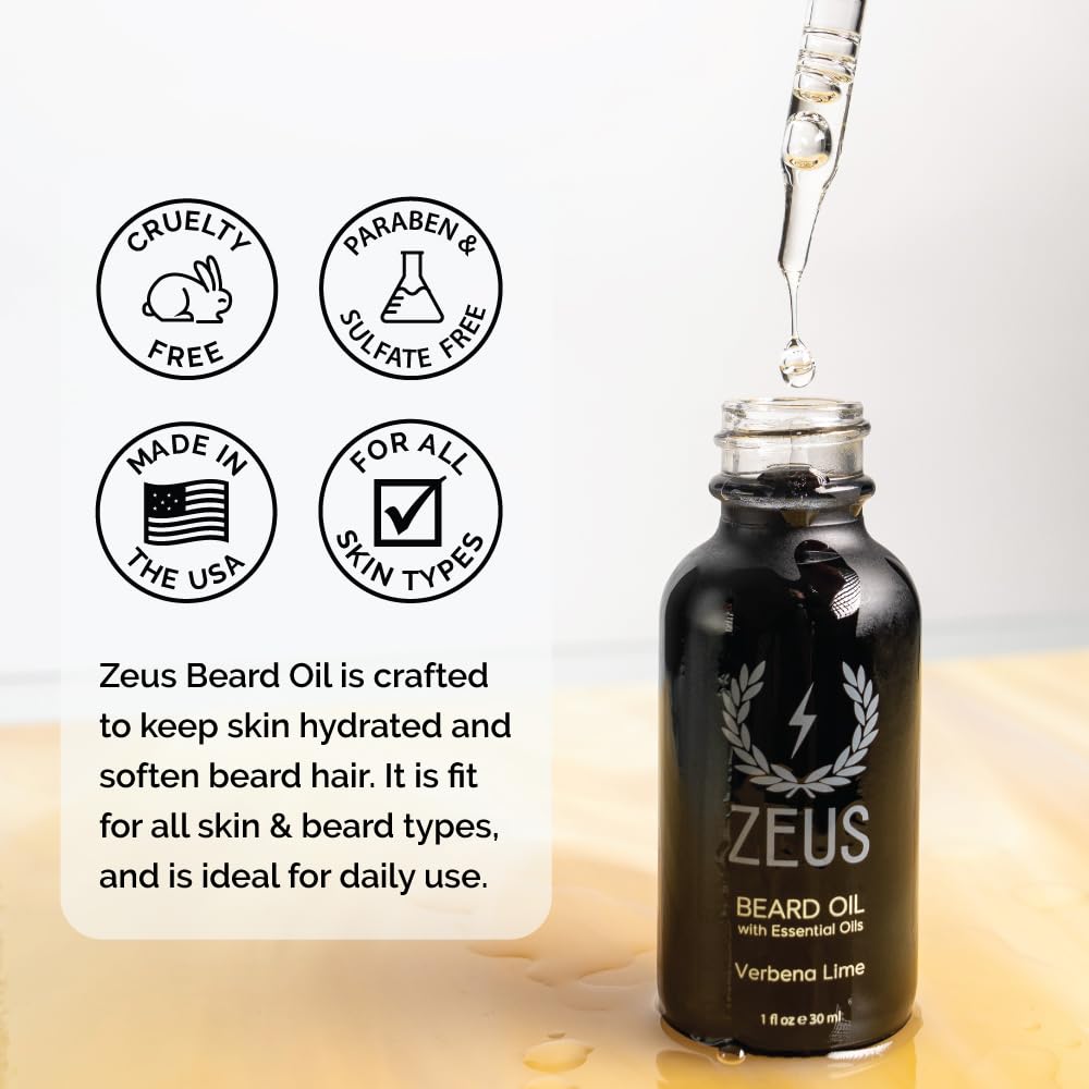 ZEUS Natural Beard Oil ingredients blend with grapeseed, safflower, argan oils.