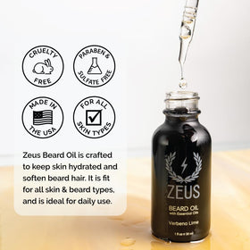 ZEUS Natural Beard Oil ingredients blend with grapeseed, safflower, argan oils.