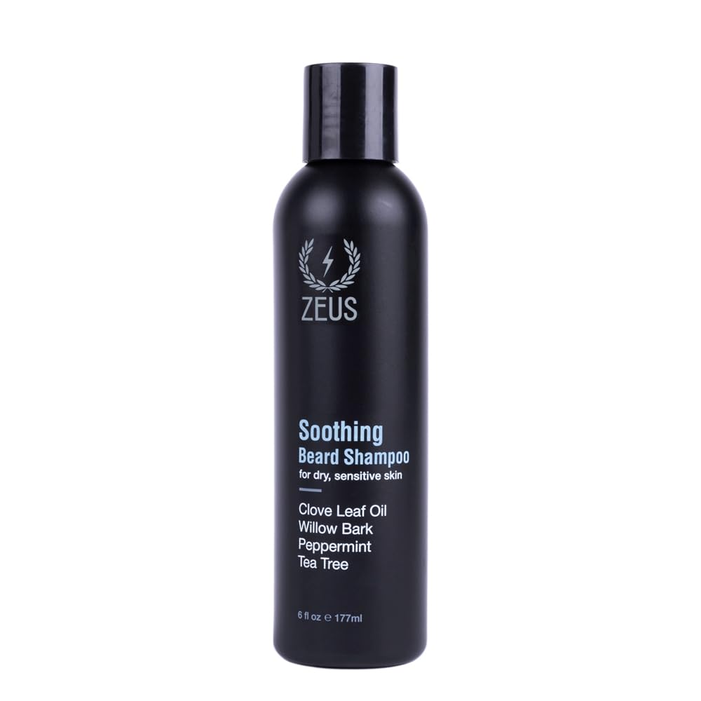 ZEUS Soothing Beard Shampoo bottle closeup for calm beard and irritation relief