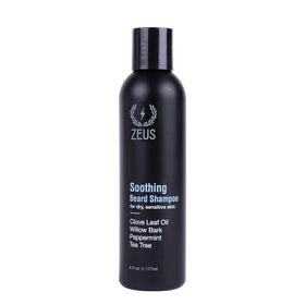 ZEUS Soothing Beard Shampoo bottle closeup for calm beard and irritation relief