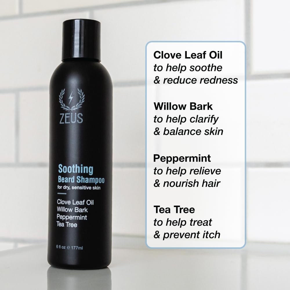 ZEUS beard shampoo foam on beard demonstrating gentle cleansing for sensitive skin