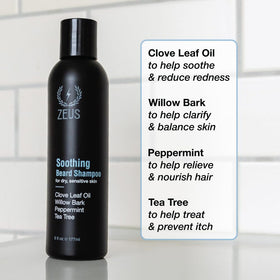 ZEUS beard shampoo foam on beard demonstrating gentle cleansing for sensitive skin