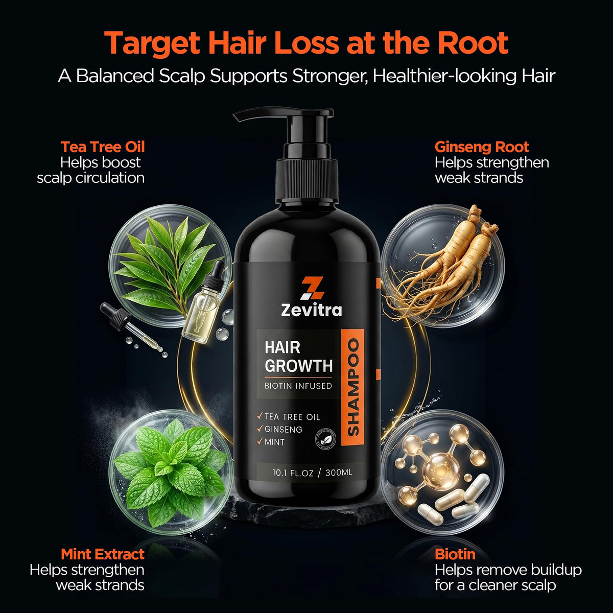 Zevitra Biotin-infused shampoo highlights fuller texture and stronger hair.