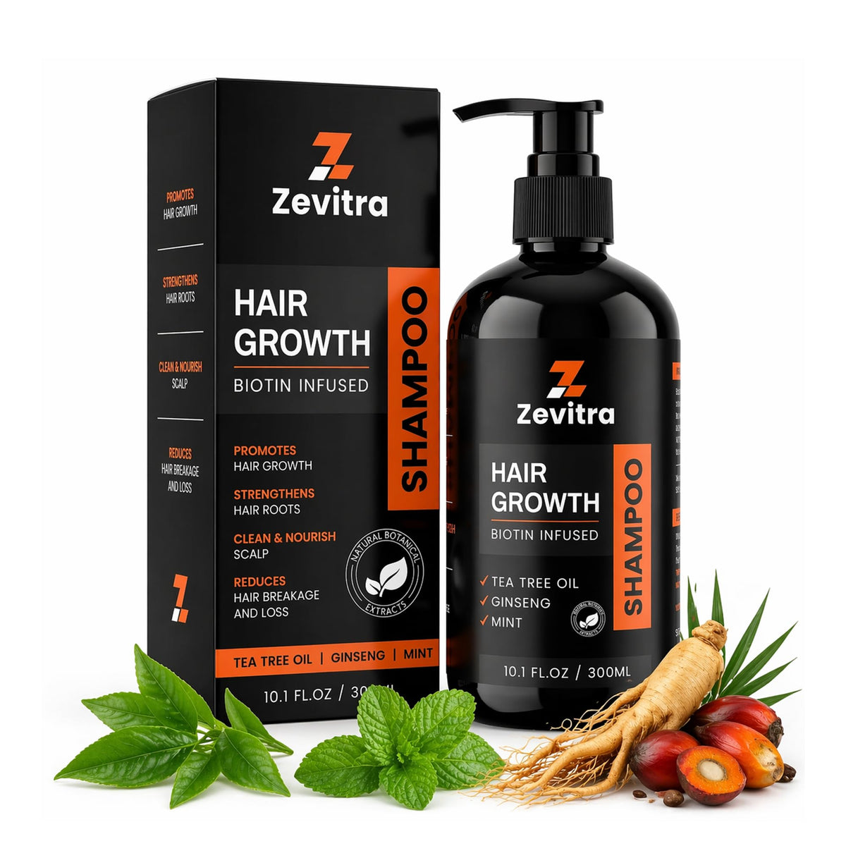 Zevitra Hair Growth Shampoo bottle with pump for easy daily use and salon-like cleanse.