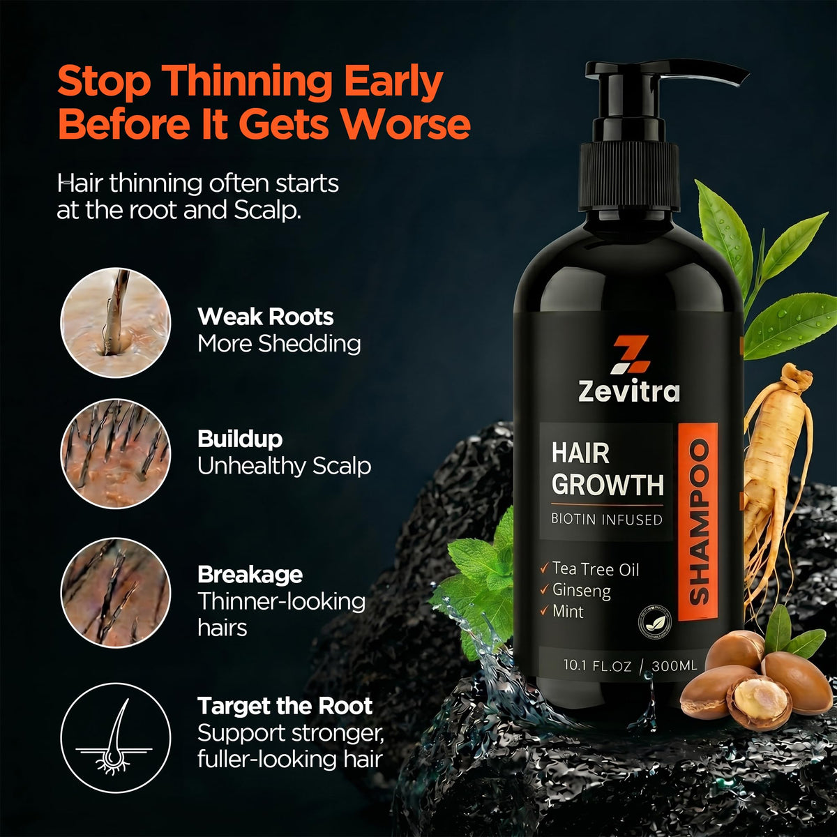 Zevitra Tea Tree Oil essence detail promotes refreshing scalp cleansing.