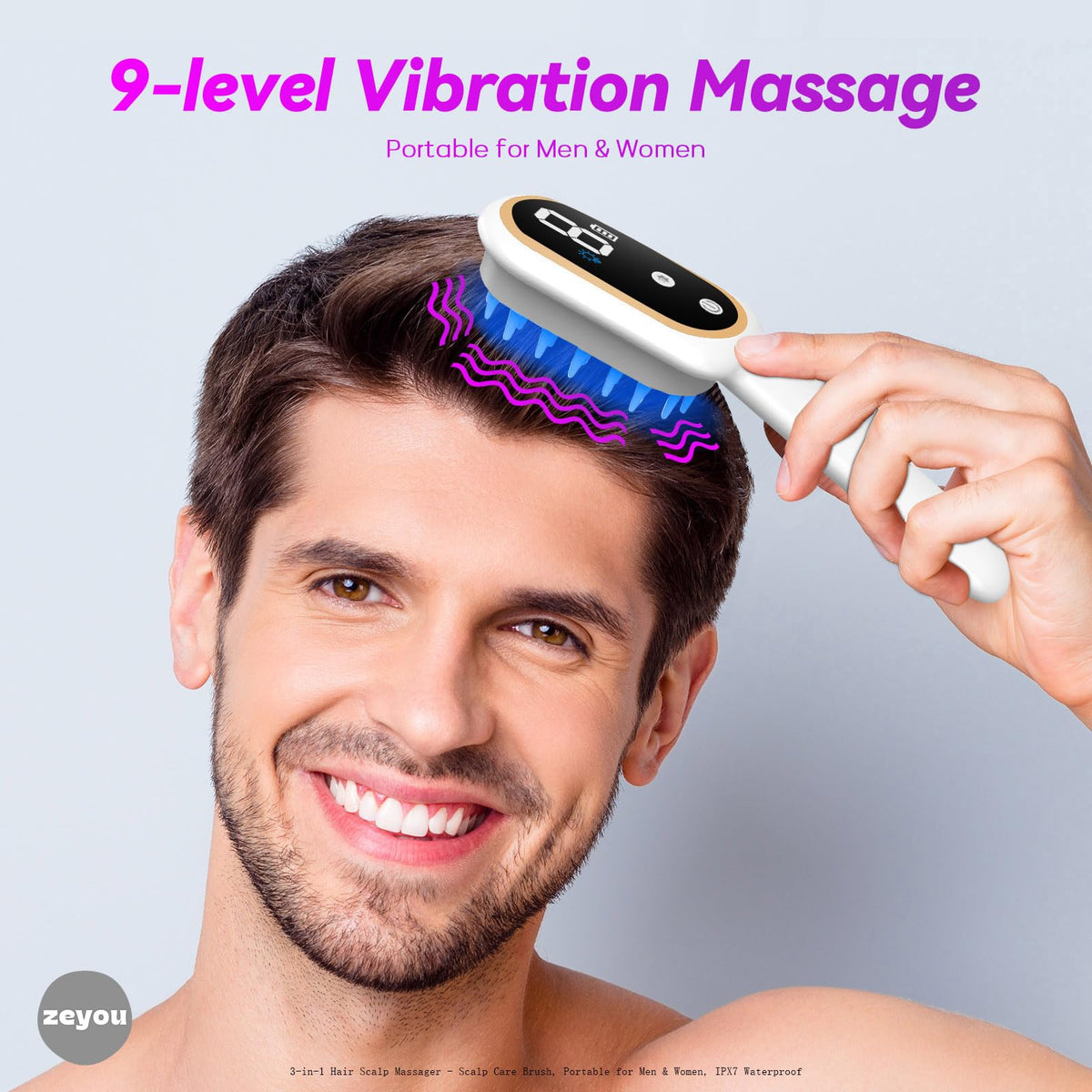 ZEYOU IPX7 waterproof massager for wet or dry hair routines.