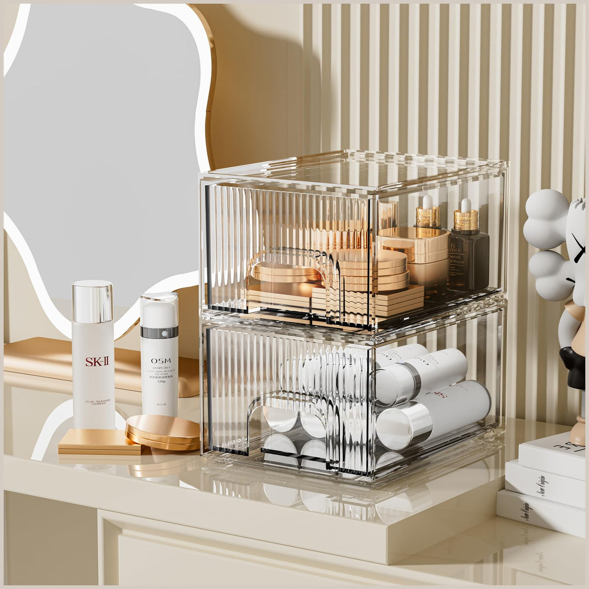 ZHIAI clear stackable cosmetic organizer drawer keeps vanity makeup neatly organized.