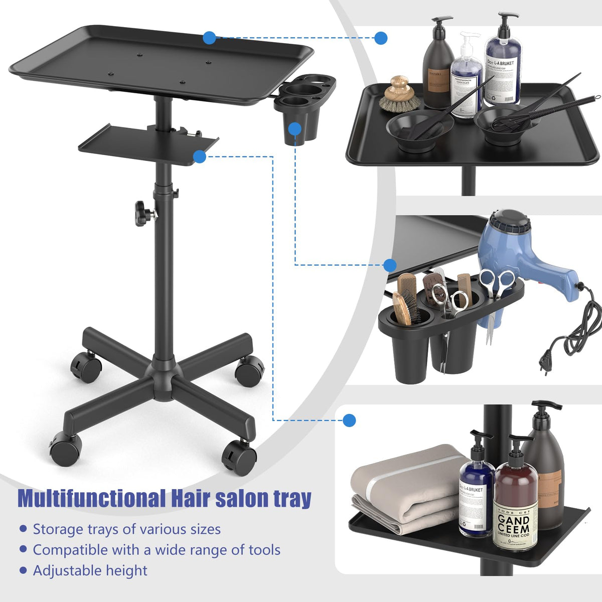 ZHOOGE Salon Tray five swivel casters for smooth mobility.