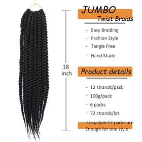 ZHTks Havana Twist pre-looped hair, 18 inch natural-black-color for versatile looks.