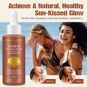 ZhuGuaCo sunless drops added to water illustrate easy daily use for subtle tan.