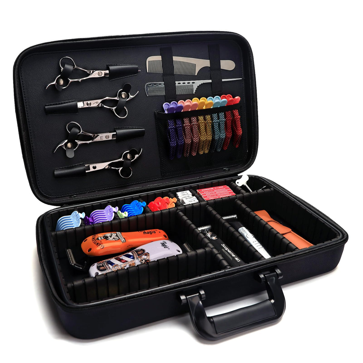ZIBARBER Large case with adjustable dividers keeps shears organized for fast access.