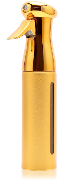 ZIBARBER salon-style spray bottle in gold delivers a fine mist for precise styling.