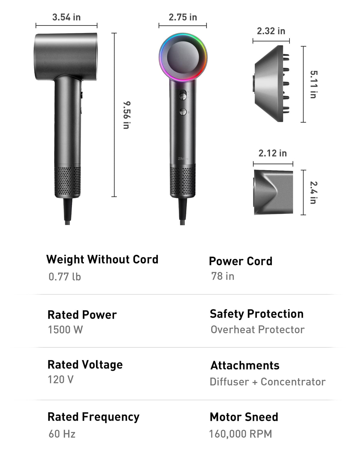Zibtes High-Speed Dryer temperature control; prevents overheating for hair safety.