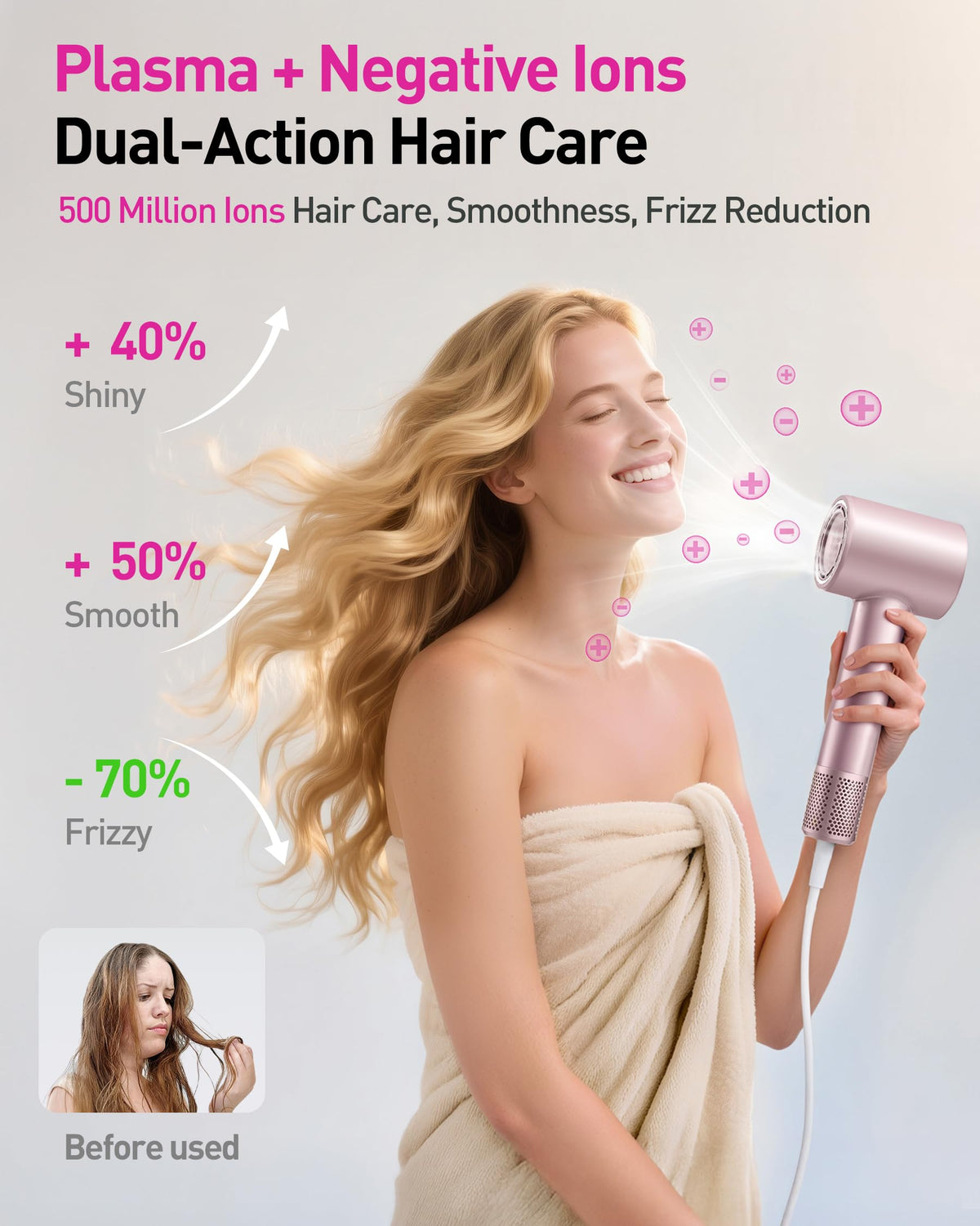 Zibtes dryer demonstrating plasma ion technology for frizz reduction and moisture balance.