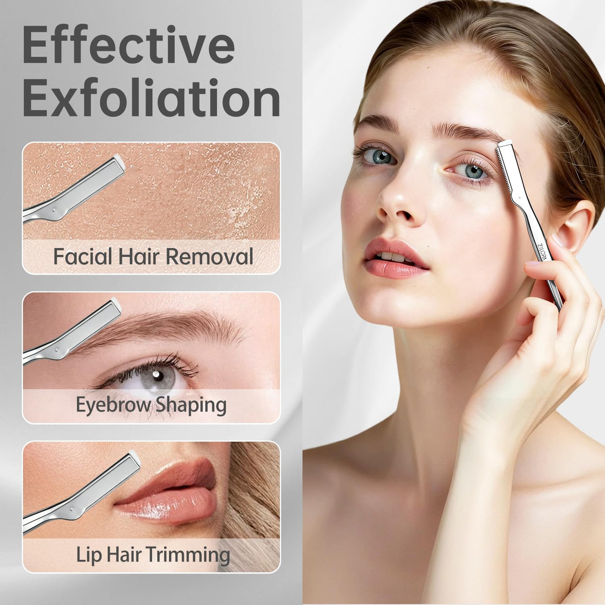 ZiLORA wide-guard dermaplaning blades for exfoliation and peach fuzz removal.