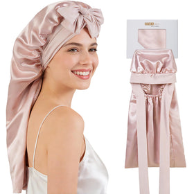 ZIMASILK 19 Momme silk bonnet in pink protects hair overnight and reduces frizz.
