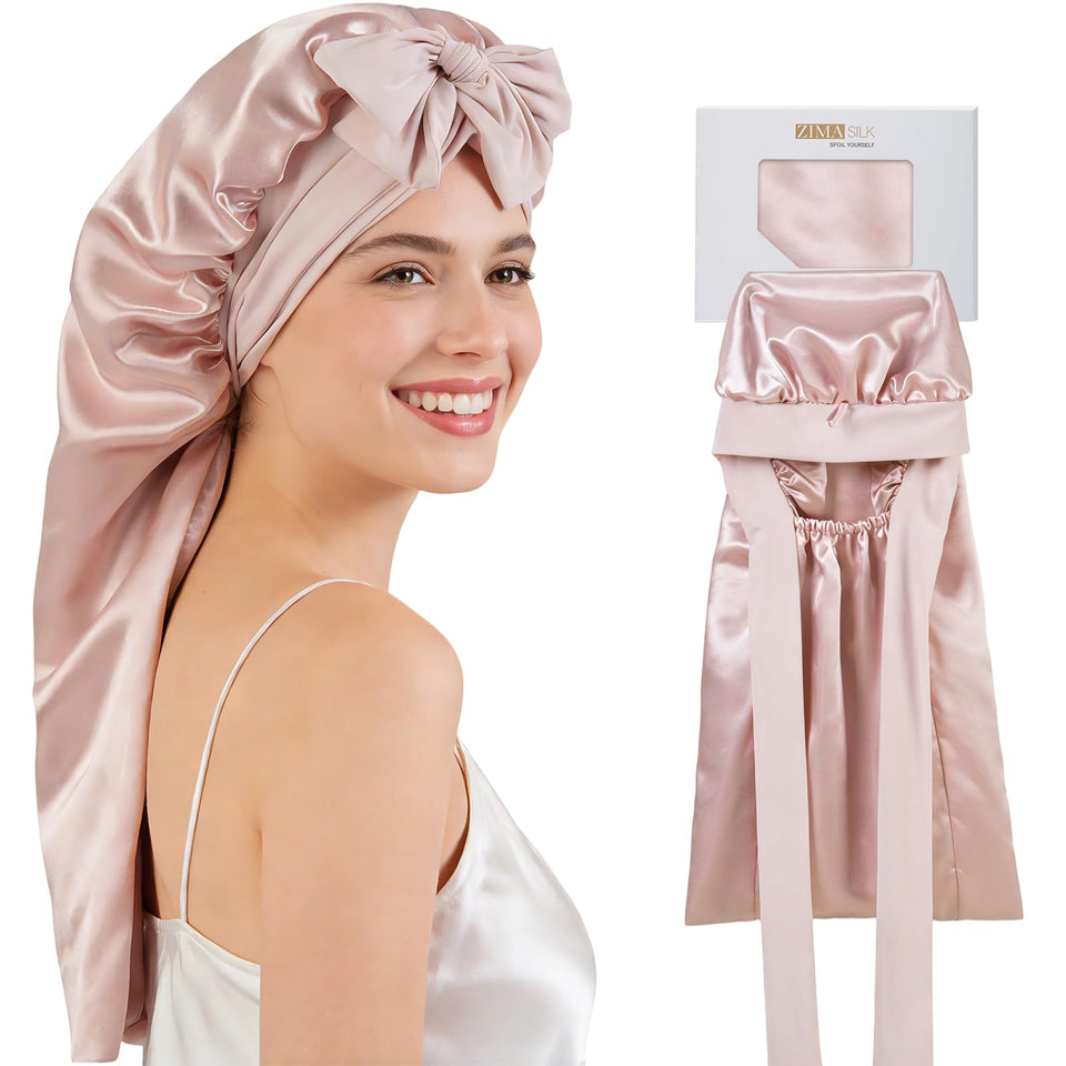 ZIMASILK 19 Momme silk bonnet in pink protects hair overnight and reduces frizz.