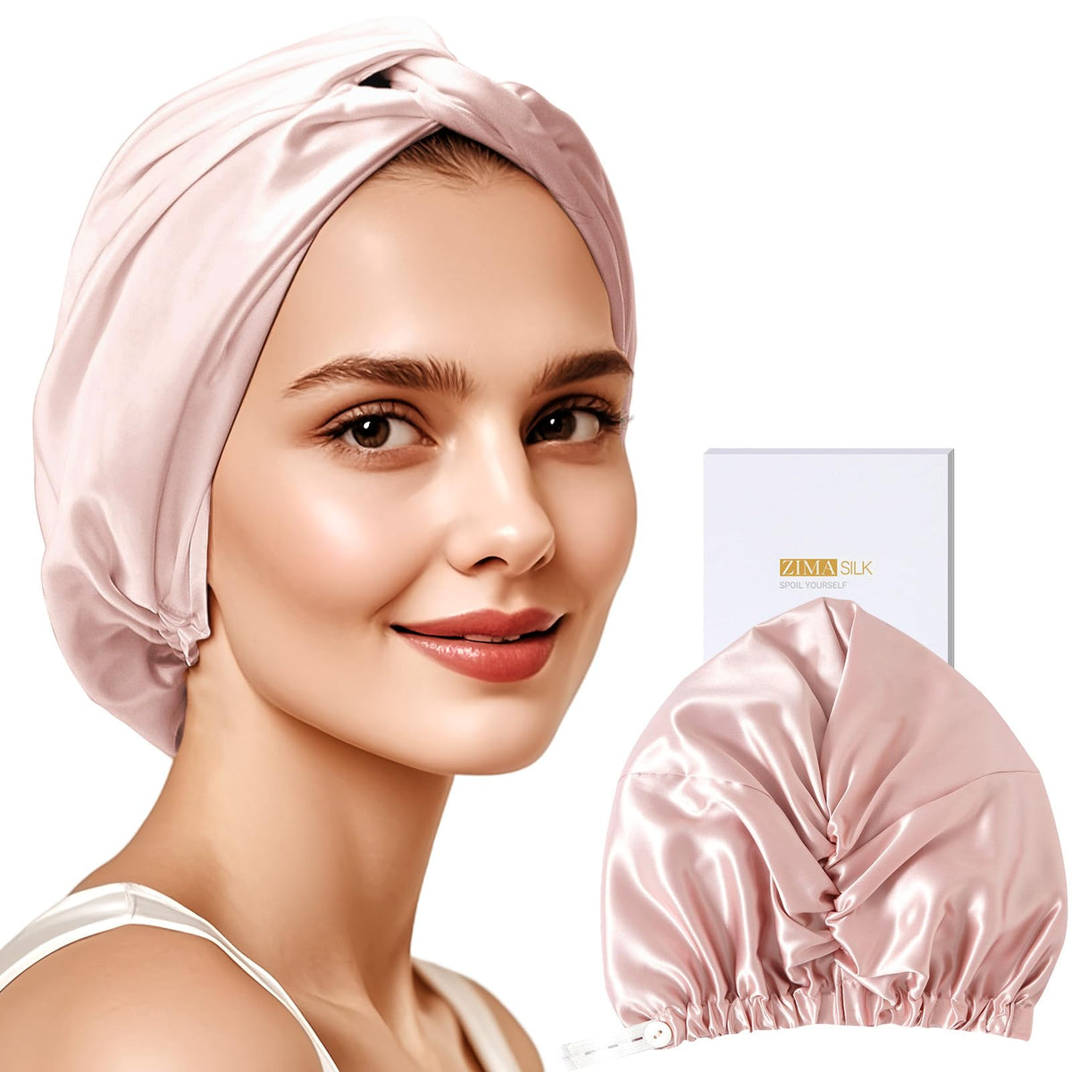 ZIMASILK 22 Momme pink bonnet, front view, smooth silk for hair protection during sleep.