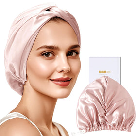 ZIMASILK 22 Momme pink bonnet, front view, smooth silk for hair protection during sleep.